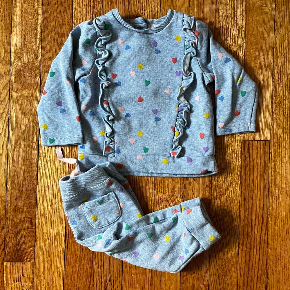 Mini Boden Ruffle Play Top and Pant Set, Hearts, 6-12M